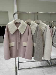 双面羊绒大衣女短款2023年秋冬韩版宽松毛线领小个子羊毛外套