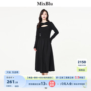 mixblu黑色圆领镂空拼接连衣裙，女秋冬2023别致减龄独特长裙子