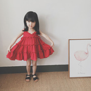 小女孩洋气吊带背心裙2023夏季女童红色A字裙雪纺V领连衣裙子