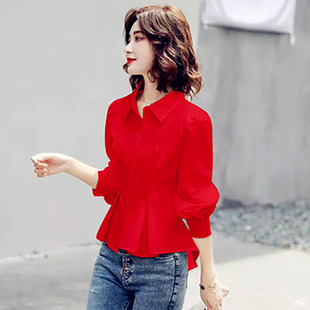 衬衫女前短后长上衣日系少女士减龄洋气红色，小衫褂收腰遮肚雪纺衫