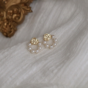 法式复古珍珠玫瑰花朵，s925纯银耳环可爱耳饰，耳圈耳钉女2021年