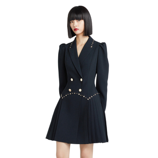 yesbyyesir叶谦原创设计师春季黑色，优雅法式气质复古西装连衣裙