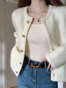白色小香风短款外套，女秋装高级感温柔风气质，名媛针织开衫毛衣
