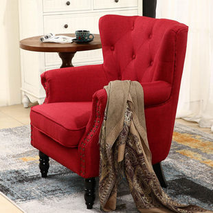 美式乡村红色布艺单人，沙发欧式老虎椅，客厅酒店卧室会所咖啡厅餐椅