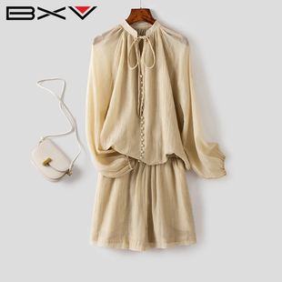 BXV慵懒天丝时尚套装2024夏季女装衬衫阔腿短裤两件套薄款肌理感