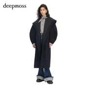 deepmoss2023冬季女装茧型连袖翻领造型长款毛呢大衣外套