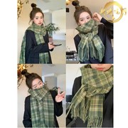 韩国秋冬复古绿色格子围巾，女韩系流苏保暖加厚披肩，两用围脖潮