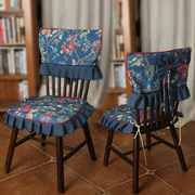 椅子坐垫美式乡村蓝色椅背套椅垫，餐椅套双面防滑加厚座垫定制尺寸