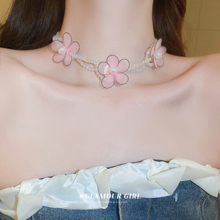 Katomi ACC 珍珠花朵项链轻奢小众粉色夏季锁骨链设计感颈链配饰