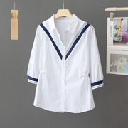 海军风白色衬衫女夏季薄款2024休闲衬衣纯棉设计感小众上衣女
