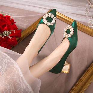 绿鞋婚鞋女绿色中式结婚鞋子尖头粗跟平底新娘鞋平跟孕妇秀禾单鞋