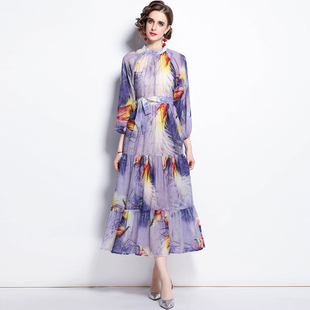 法式小众惊艳紫色立领拼接系带小鸟印花长袖雪纺连衣裙两件套长裙