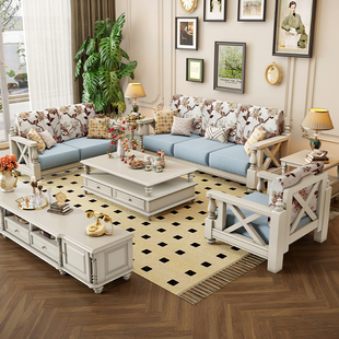 美式白色沙发实木布艺复古小美乡村小户型客厅家具，三人位123组合