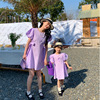 女童紫色收腰棉布裙亲子装Y5夏季公主裙蕾丝贴布纯色连衣裙母女装