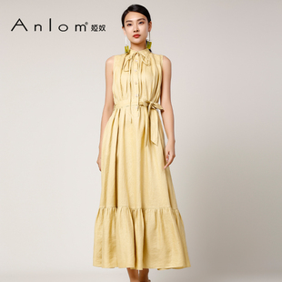 Anlom/娅奴夏季短袖圆领黄色亚麻纤维休闲针织通勤常规连衣裙