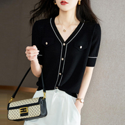 韩国针织衫女夏季2024小香风短袖冰丝开衫，薄款外套高级感短款
