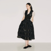 AtelierMissLu设计师品牌黑色皮质拼接薄纱弧形袖系带造外套