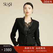 SUSSI/古色秋季商场同款黑色V领立领对钩短款西装外套女