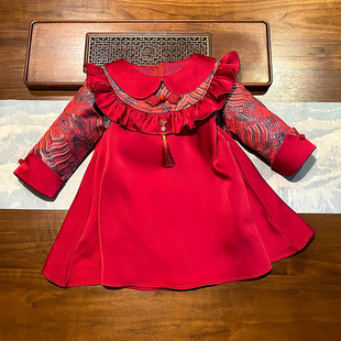 周岁女宝宝礼服秋冬长袖，中国风旗袍秋装，女童洋气红色生日宴公主裙