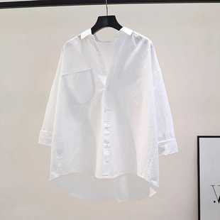 设计感小清新纯白色纯棉，衬衫女士春夏，韩版单口袋宽松衬衣上衣