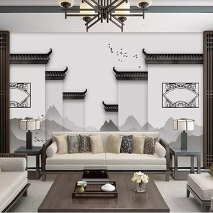 新中式徽派仿建筑马头墙，水墨山水画壁纸客厅，沙发背景墙纸壁画墙布