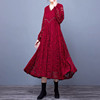 红蜓蕾丝长袖v领连衣裙2024年春季韩版洋气显瘦气质打底裙