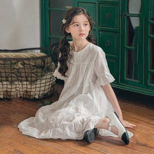 童装礼服女童连衣裙2024夏季儿童蕾丝公主裙夏装短袖白色裙子