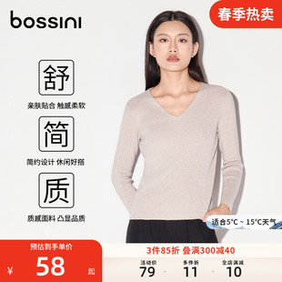 bossini女装23秋冬时尚，短款竖条纹v领修身内搭针织衫毛衣