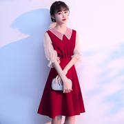 红色新娘敬酒服气质优雅女神范短款连衣裙修身显瘦网纱拼接袖礼服