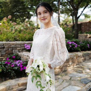 《蔷薇草》韩国蕾丝复古泡泡袖，连衣裙轻婚纱，旅拍婚礼敬酒服礼服