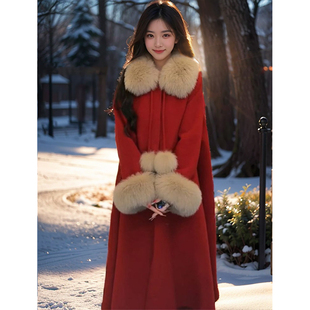 2023冬季新年战袍红色斗篷毛呢，外套女宽松加厚中长款高级气质大衣