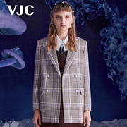 VJC/威杰思秋冬女装美式格纹西服英伦复古烫钻西装外套