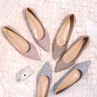 婚鞋亮片平底鞋女尖头单鞋平跟浅口金粉色(金粉色)新娘伴娘鞋宴会鞋