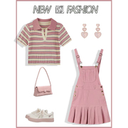 粉色条纹针织短袖，t恤女夏季2024修身显瘦设计感搭背带百褶裙