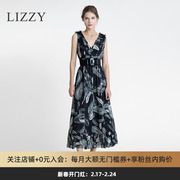 lizzy2023新羽毛(新羽毛)印花v领无袖收腰荷叶，边长款连衣裙女裙子配腰带