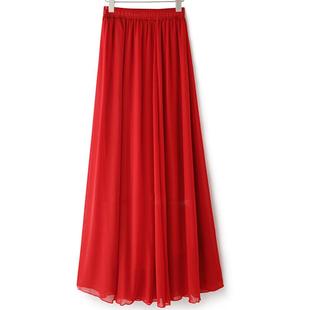 欧美时尚大红色半身长裙夏春季(夏春季)潮，高腰显瘦雪纺半身裙子沙滩中长款
