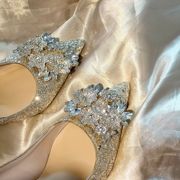 2022法式高跟鞋冬季女年水晶鞋婚鞋新娘鞋主婚纱鞋子结婚小众