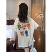 韩国夏装女童宽松大码纯棉短袖T恤儿童慵懒风白色卡通半袖上衣