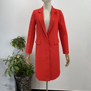 桔红色中长款西装风衣春秋款品牌，折扣直筒长袖，开叉灰色西装外套女