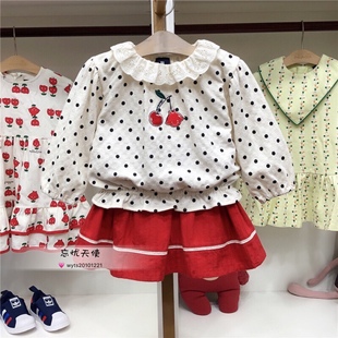 韩国中小童装 春季女童宝宝翻领波点长袖T恤 半身裙韩版套装