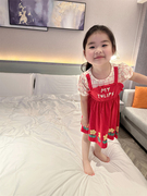 100-140 韩~原 女童夏季假两件红色围兜设计短袖小花连衣裙