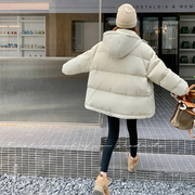 米白色连帽羽绒服女短款2023冬季韩版宽松90白鸭绒外套羽绒衣