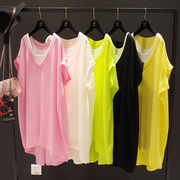 韩国夏宽松(夏宽松)上衣蝙蝠衫，中长款v领短袖t恤裙女纯色两件套