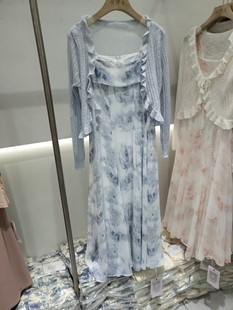 印花扎染水墨画连衣裙，女2024夏季新中式蓝色吊带裙披肩两件套