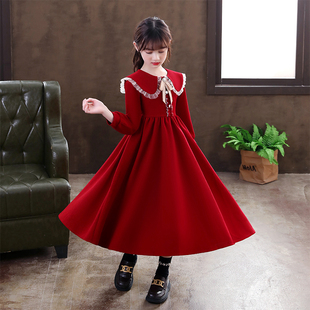 女童连衣裙洋气秋冬公主裙，儿童长袖裙子，红色礼服高级感中大童长裙