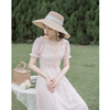 2024夏季温柔甜美流行桔梗裙，一字肩粉色公主，风长裙雪纺连衣裙