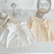 24洋气时髦婴幼儿白色上衣长袖，棉质衬衣女宝宝荷叶领衬衫秋装