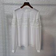 高档雪纺拼接蕾丝圆领套头长袖衬衫上衣，百搭甜美仙气减龄白衬衣(白衬衣)t