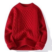 龙年本命年毛衣大红色男冬季纯色高级感针织衫，潮牌麻花情侣装外套