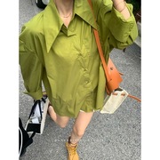 芥末绿纯色宽松显瘦中长款衬衣2024夏季韩版时尚洋气减龄上衣